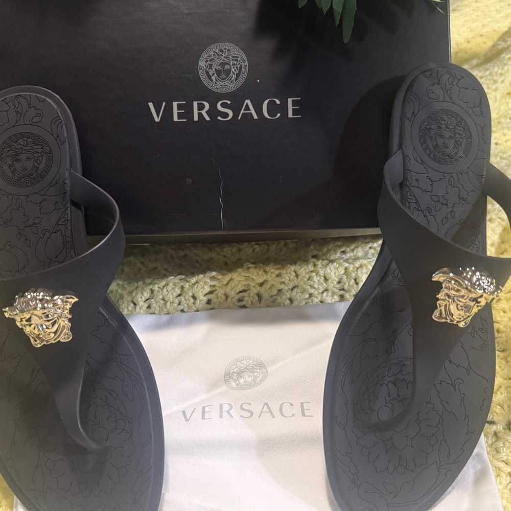 Brand New! Versace Black Flip-Flops with Gold Medusa Accent Size 41